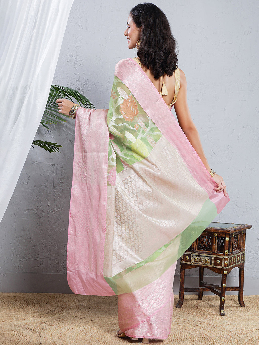 Banarasi Organza Floral Woven Saree - Soft Pink & Pastel Green