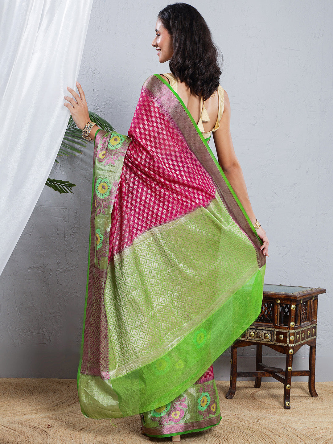 Banarasi Pure Georgette Zari Buta Woven Saree – Magenta