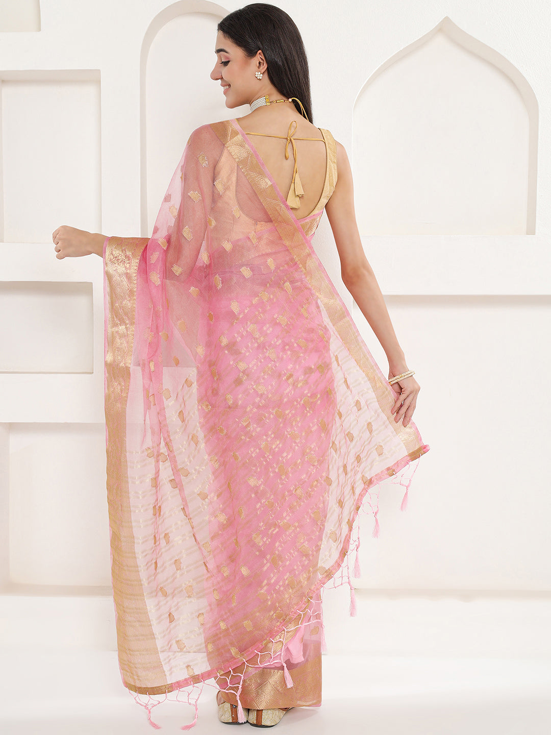 Banarasi Woven Organza Saree - Flamingo Pink
