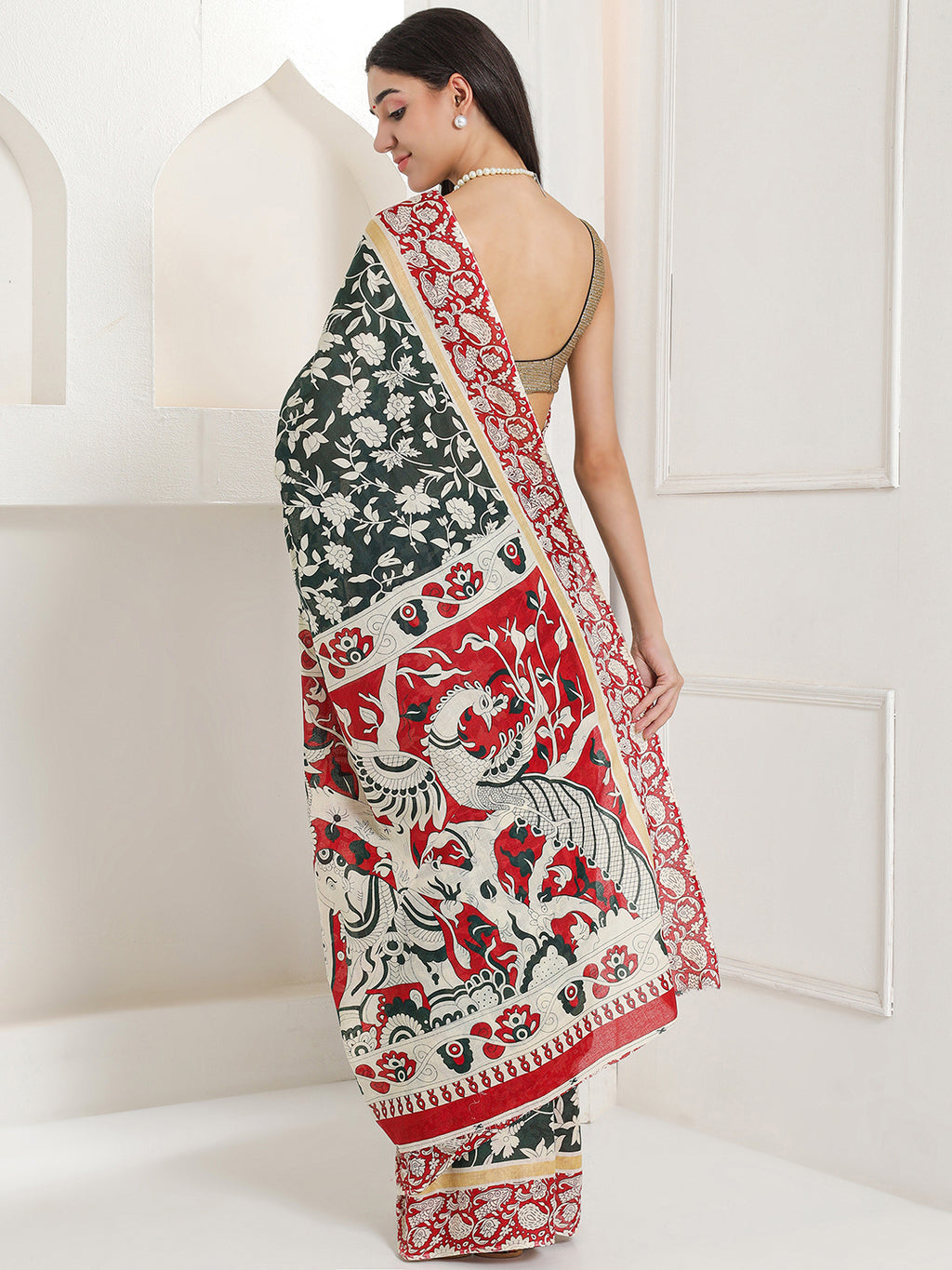 Ajrakh Print Cotton Saree - Verdant Green