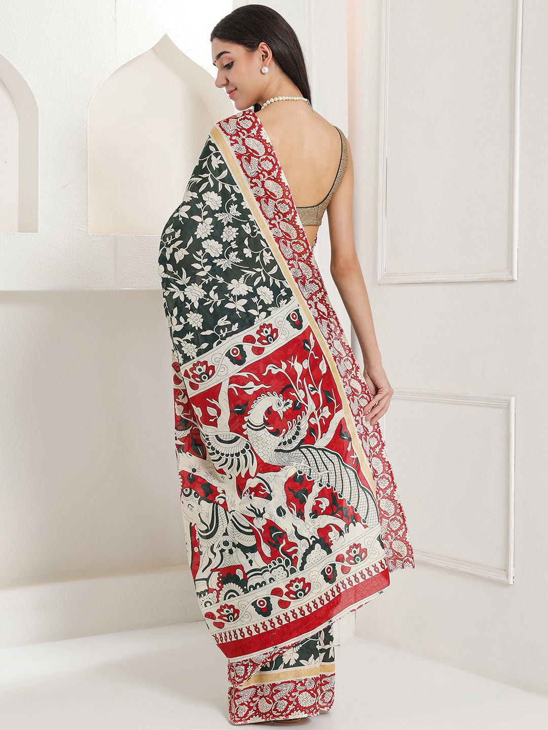 Ajrakh Print Cotton Saree - Verdant Green