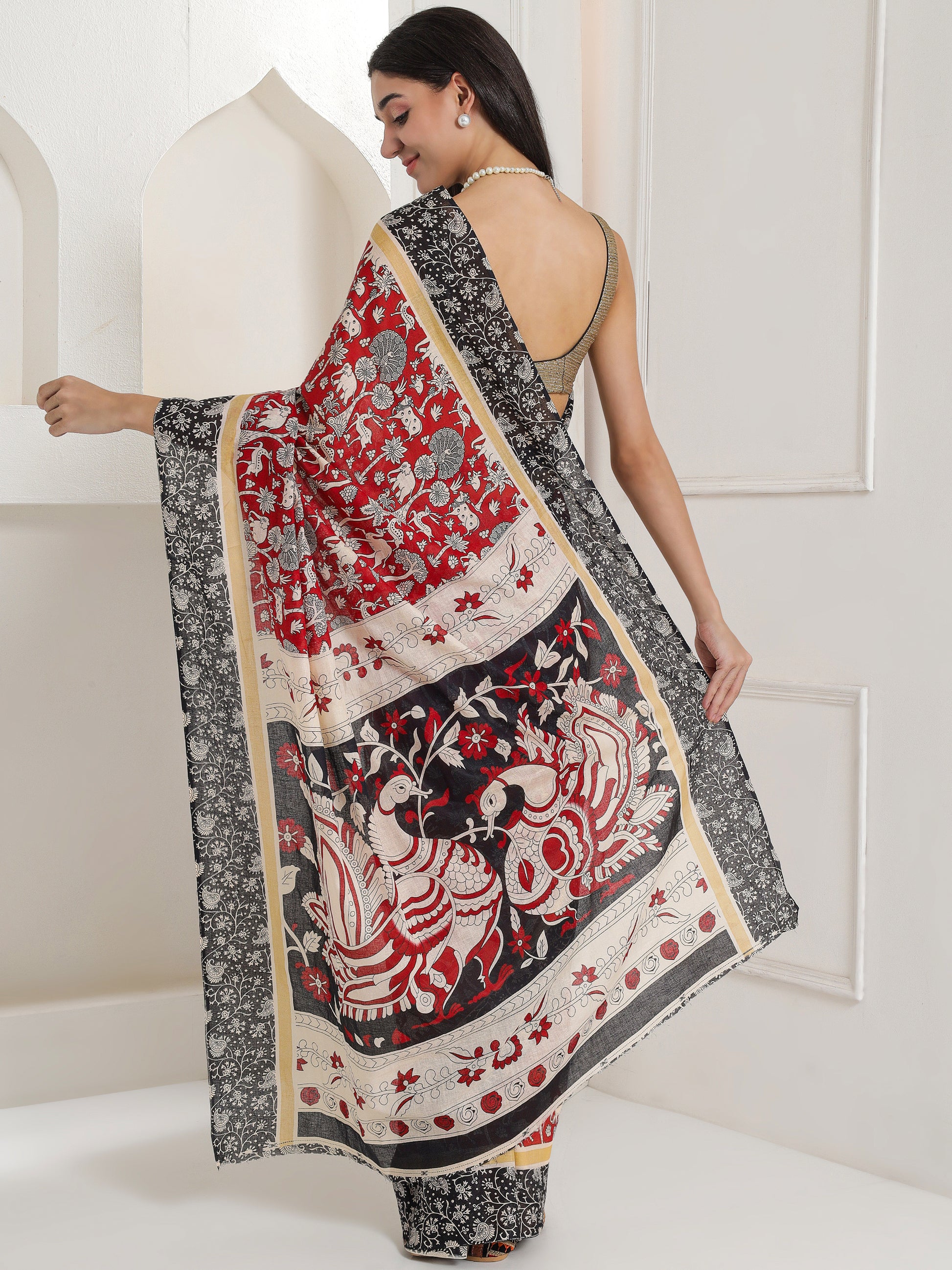 Ajrakh Print Cotton Saree - Deep Red