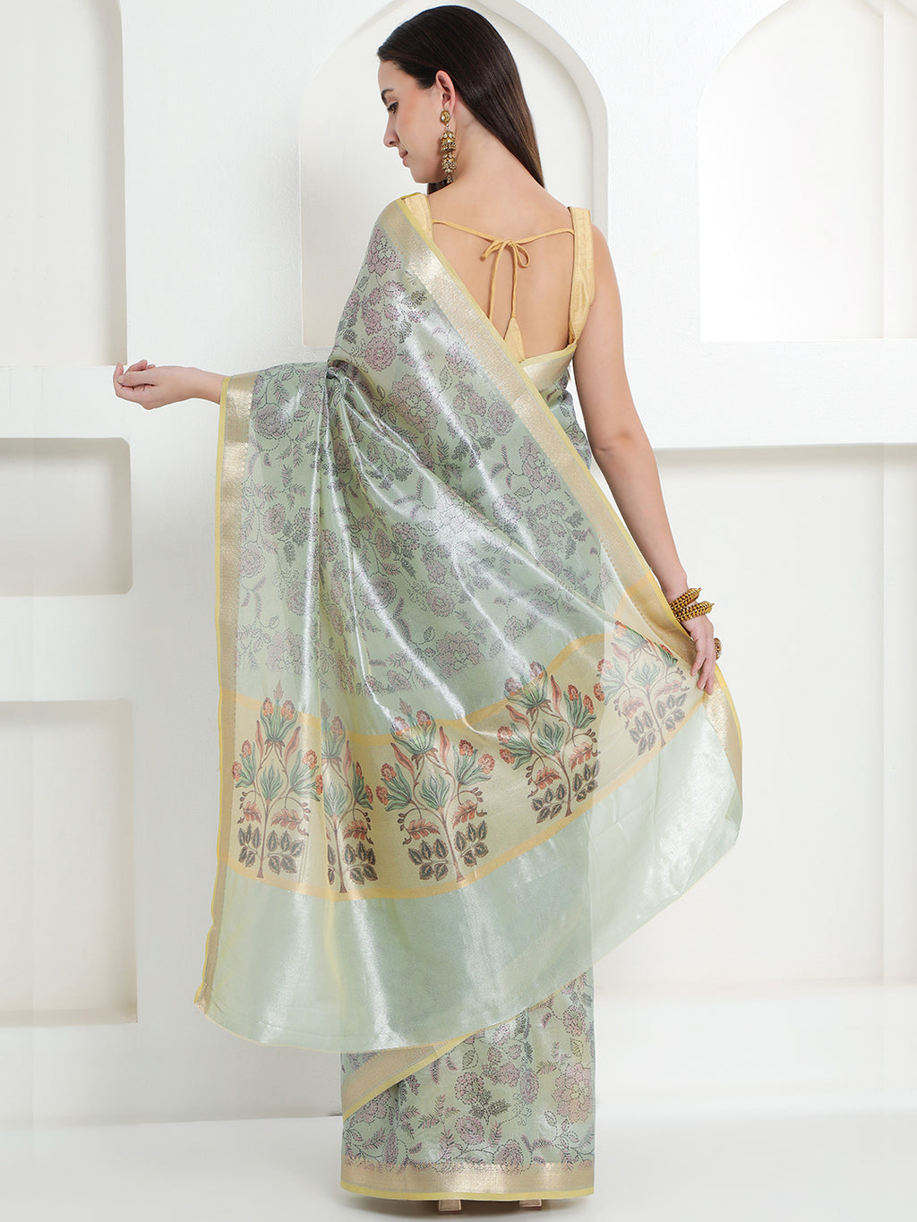 Banarasi Woven Tissue Saree - Pastel Sage Green & Gold