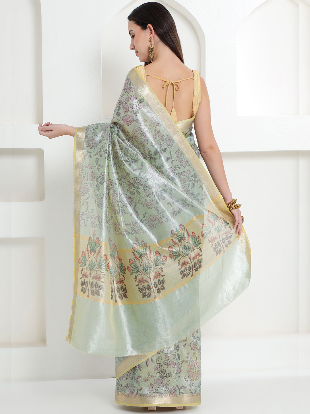 Banarasi Woven Tissue Saree - Pastel Sage Green & Gold