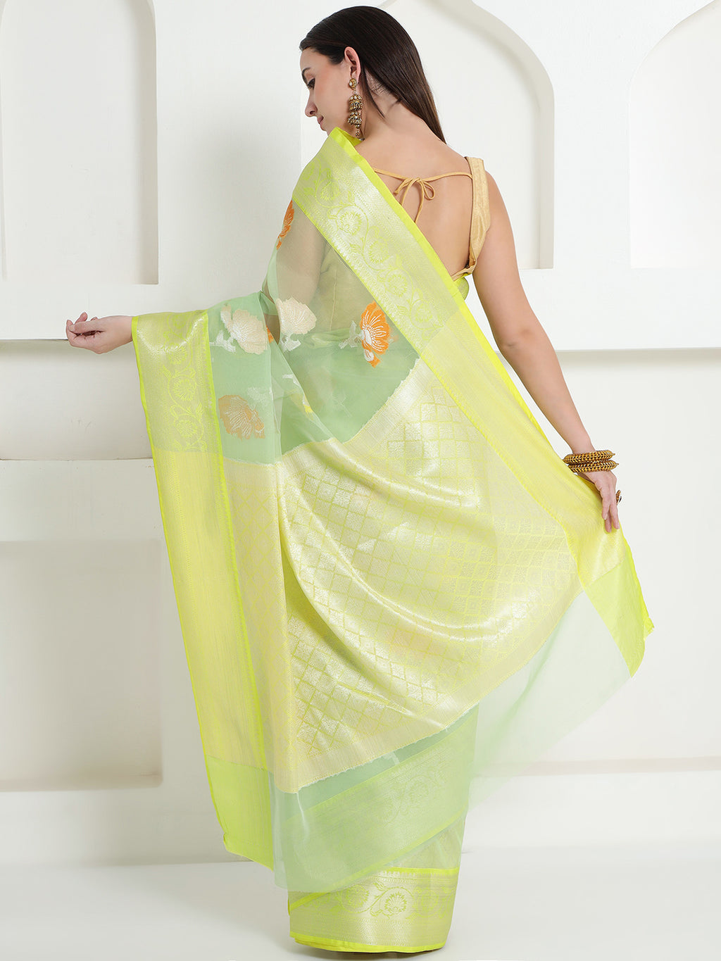 Banarasi Woven Organza Saree - Lemon Yellow & Mint