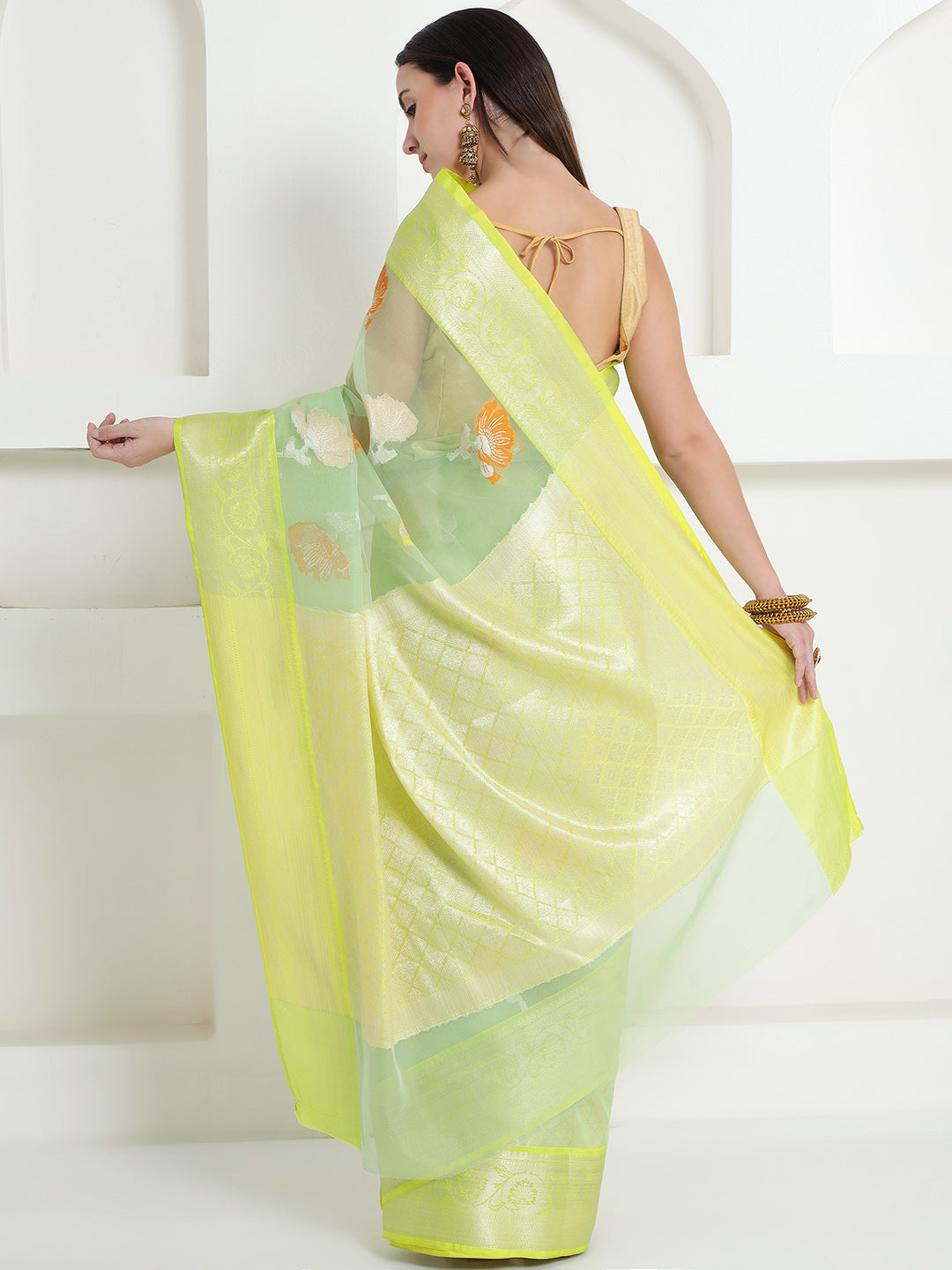 Banarasi Woven Organza Saree - Lemon Yellow & Mint