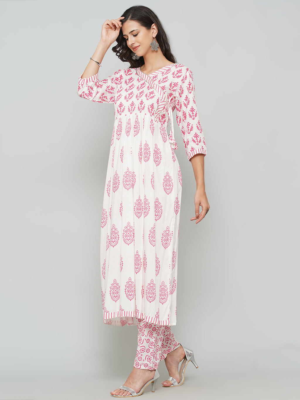 Angrakha Design Printed Suit Set - White & Red