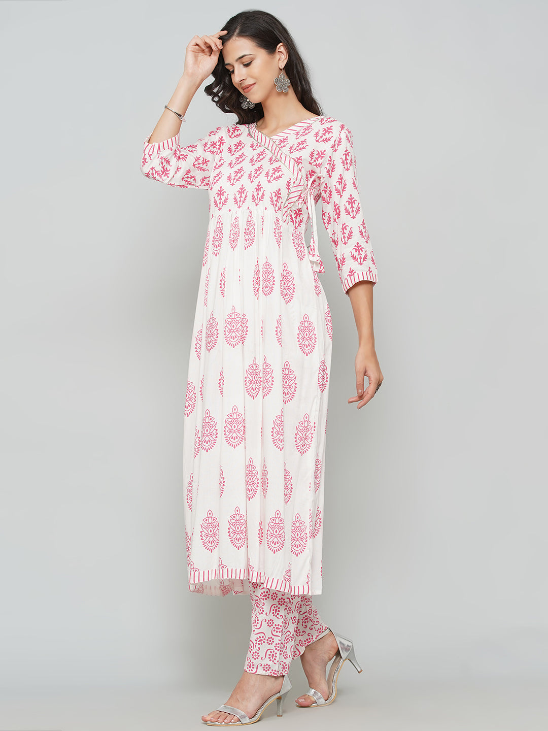 Angrakha Design Printed Suit Set - White & Red