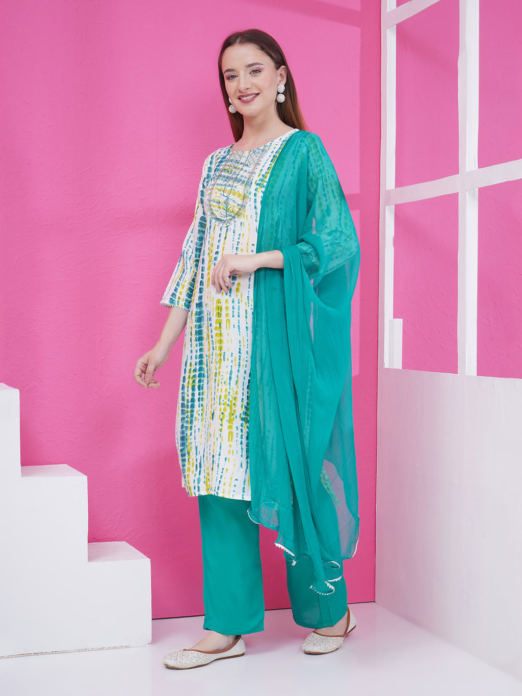 Printed Suit Set - White & Turquoise