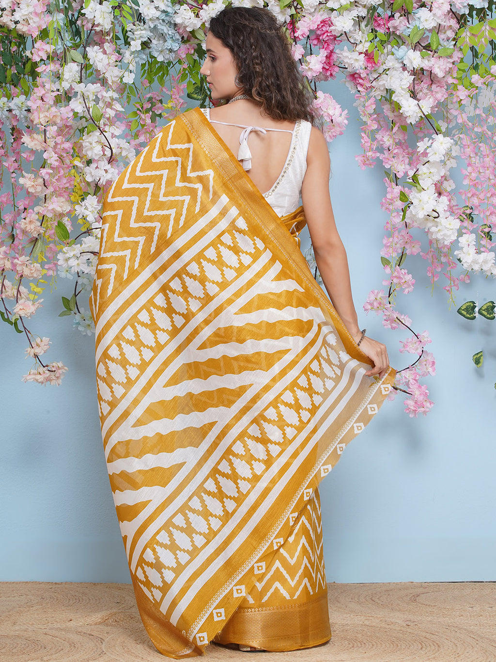 Cotton Silk Chevron Pattern Saree - Mustard Yellow