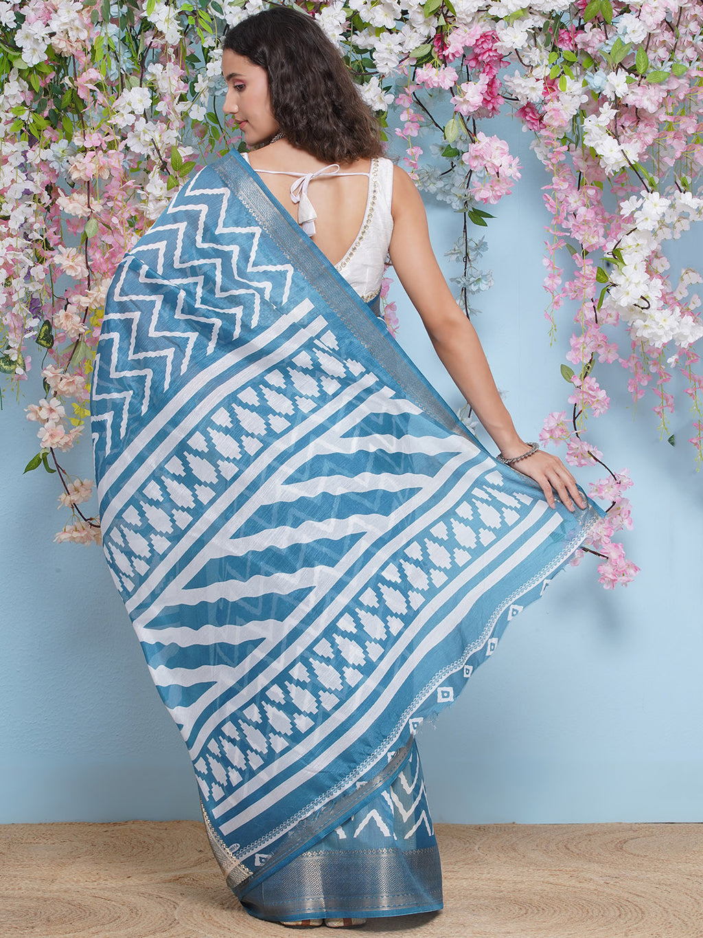 Cotton Silk Chevron Pattern Saree - Blue