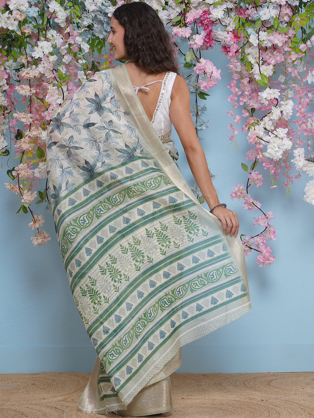 Cotton Silk Jacobean Pattern Saree - Green