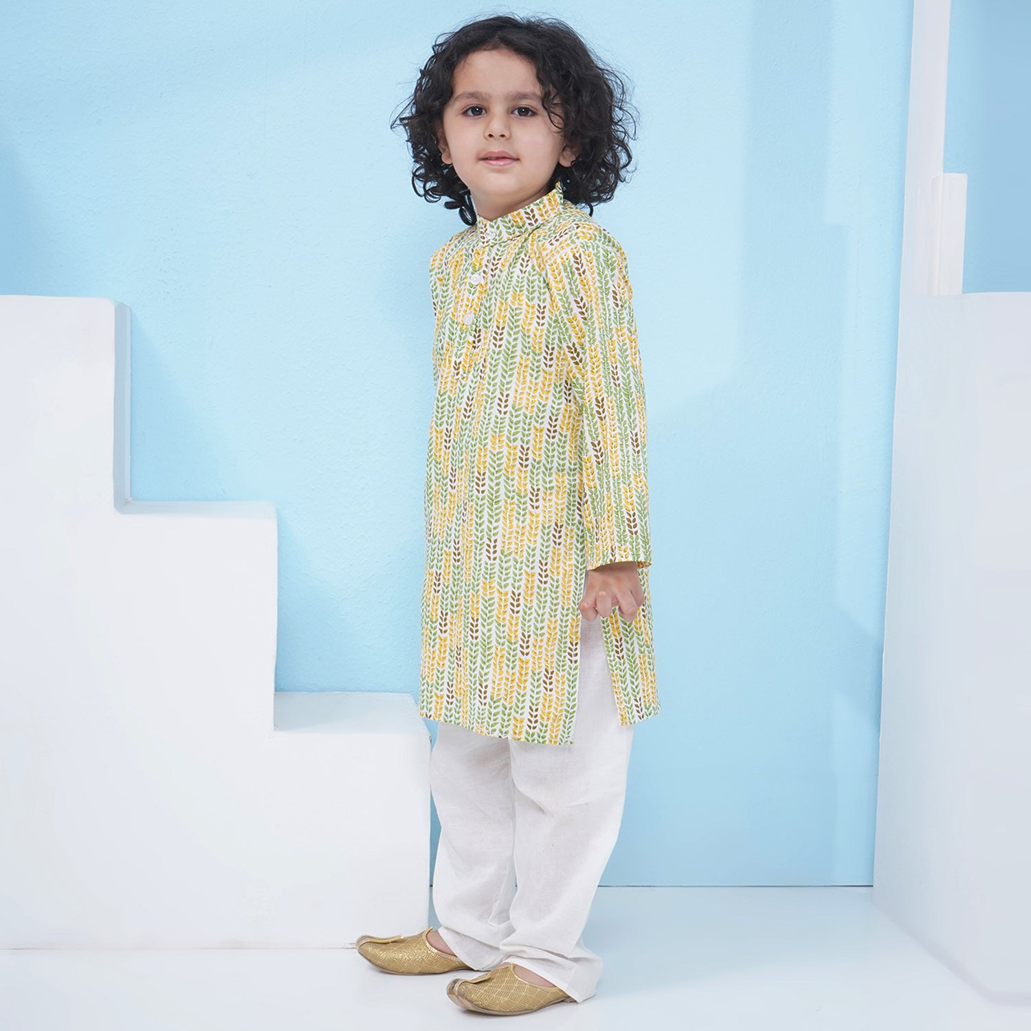 Boys Floral Printed Cotton Kurta with Pajama - Green & Yellow