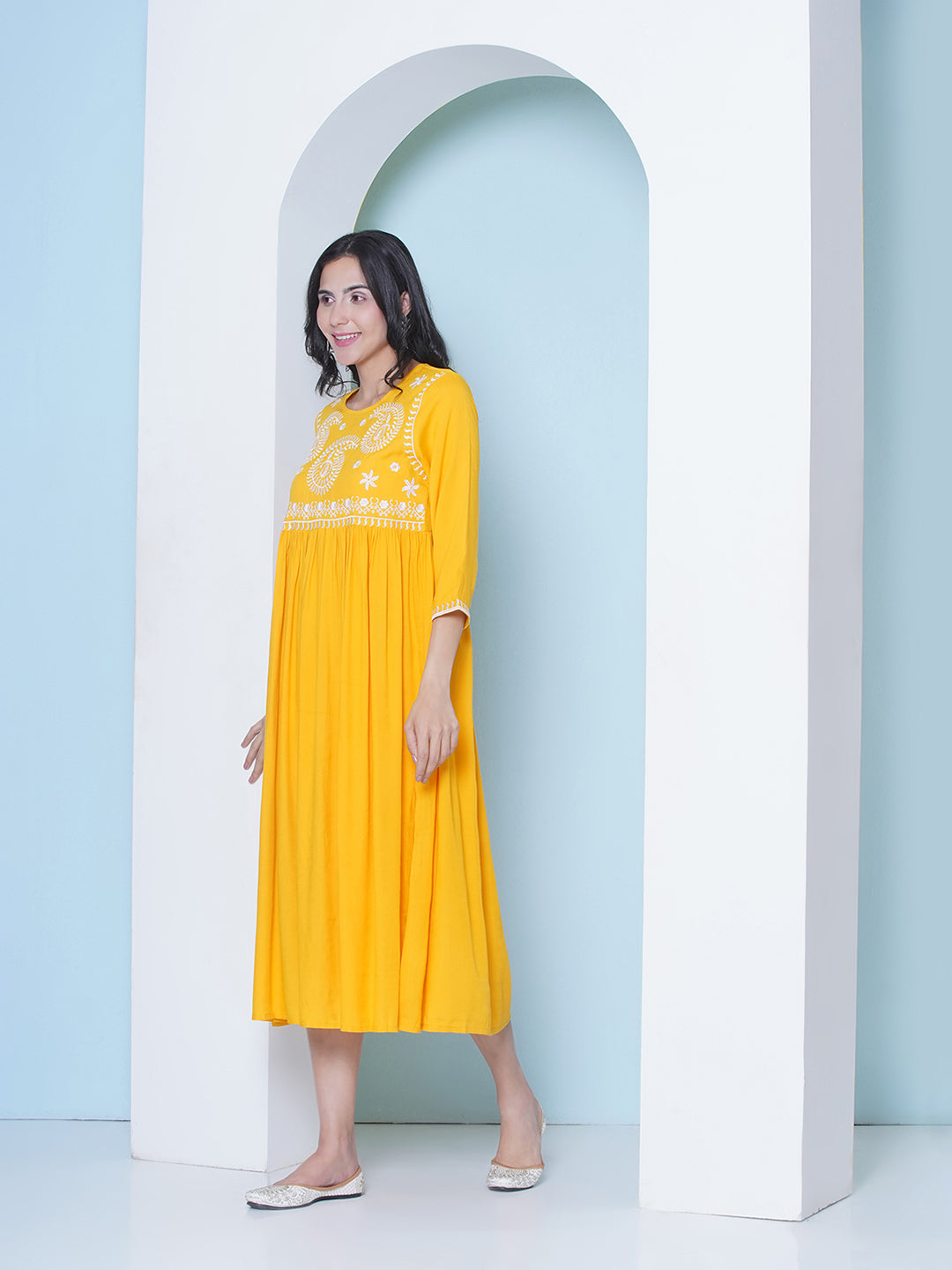 Embroidery Gown Dress - Yellow