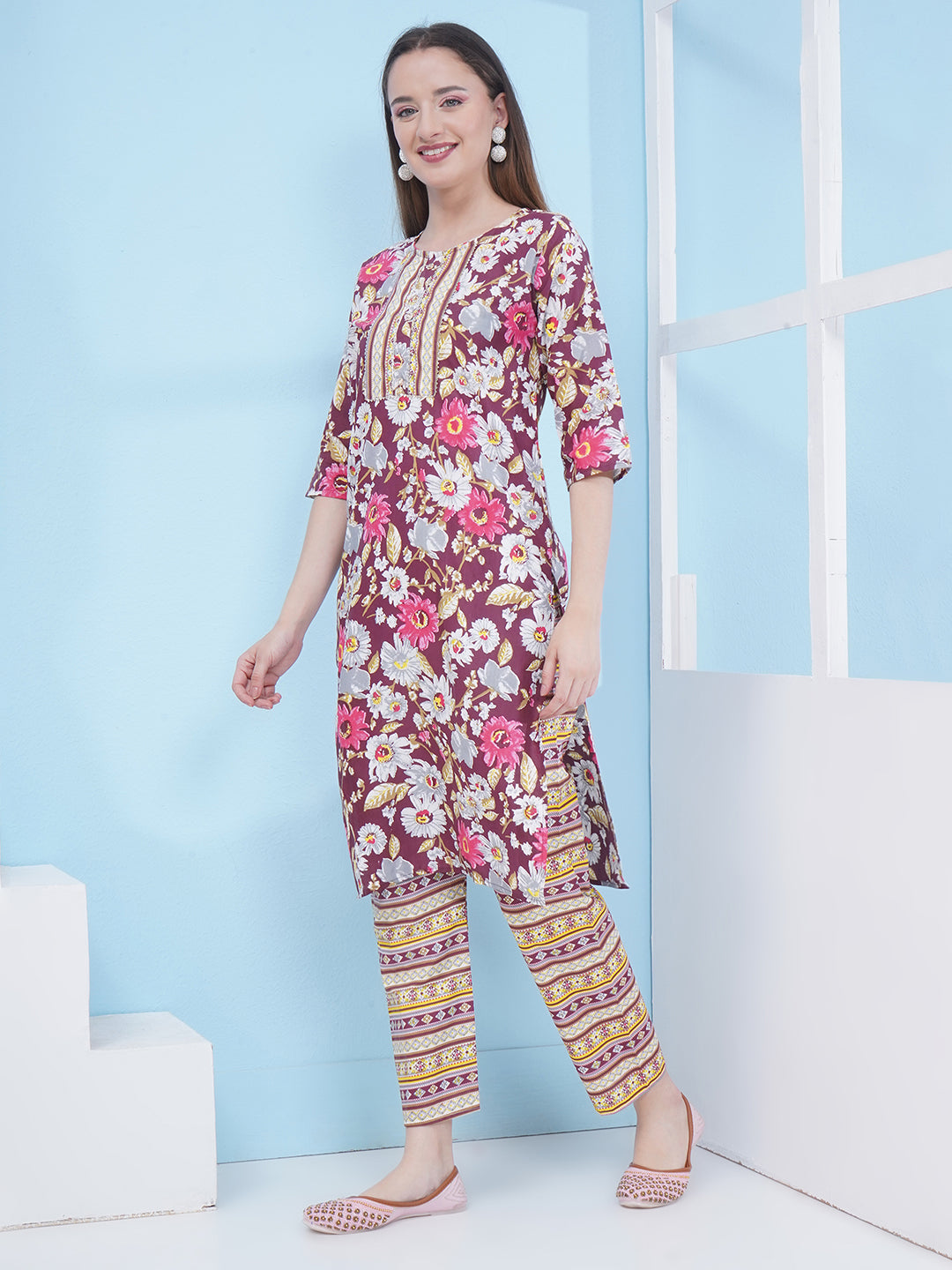 Floral Kurti Set - Maroon