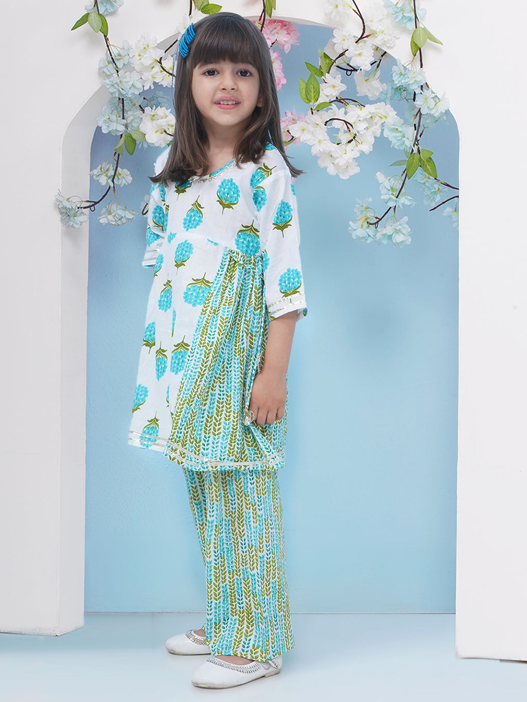 Girls Floral Printed Cotton A-line Kurti With Palazzo - Cyan
