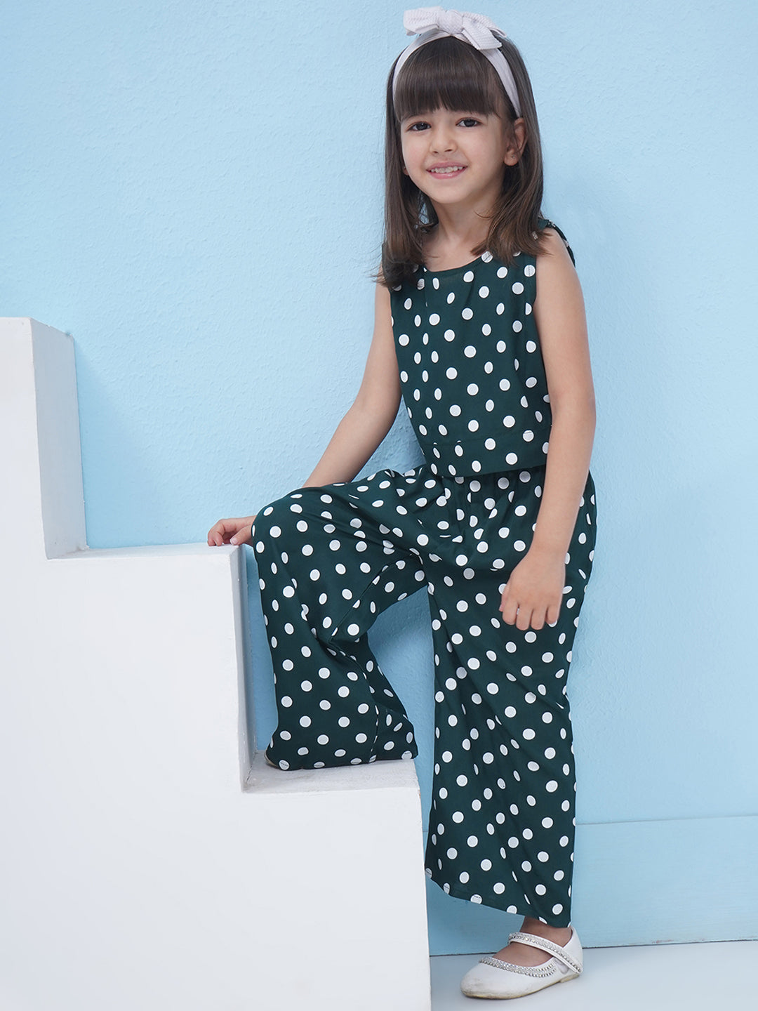 Girls Cotton Blend Polka Dot Co-Ord Set - Dark Green