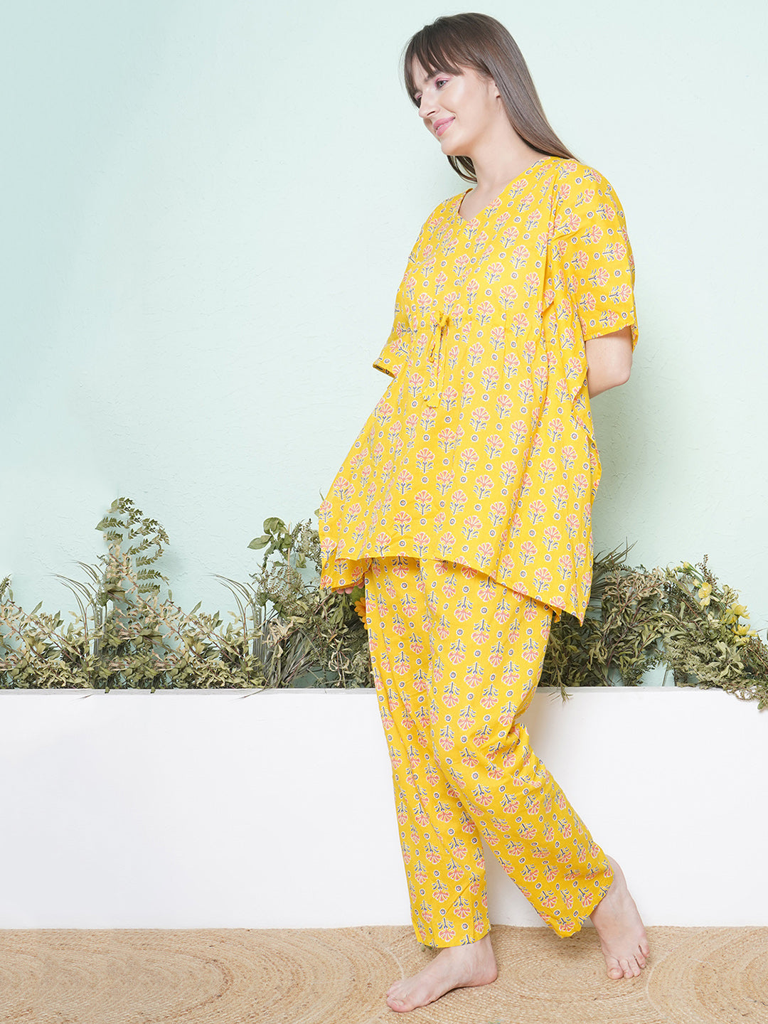 Printed Kaftan Lounge Wear - Yellow