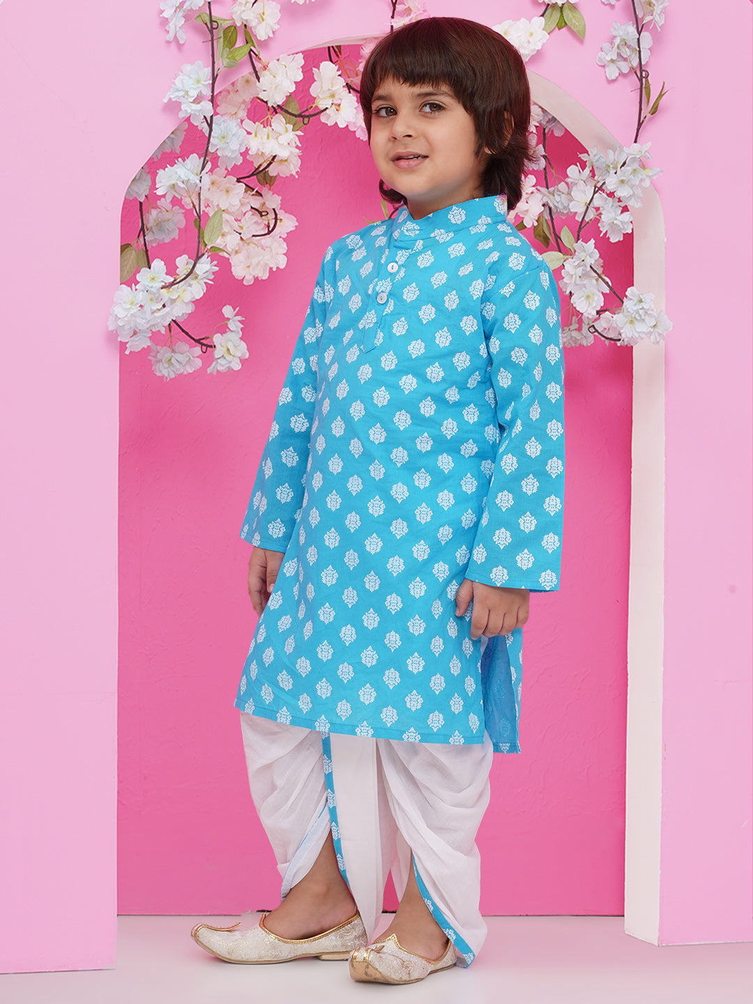 Boys Boti Printed Cotton Kurta with Dhoti - Blue