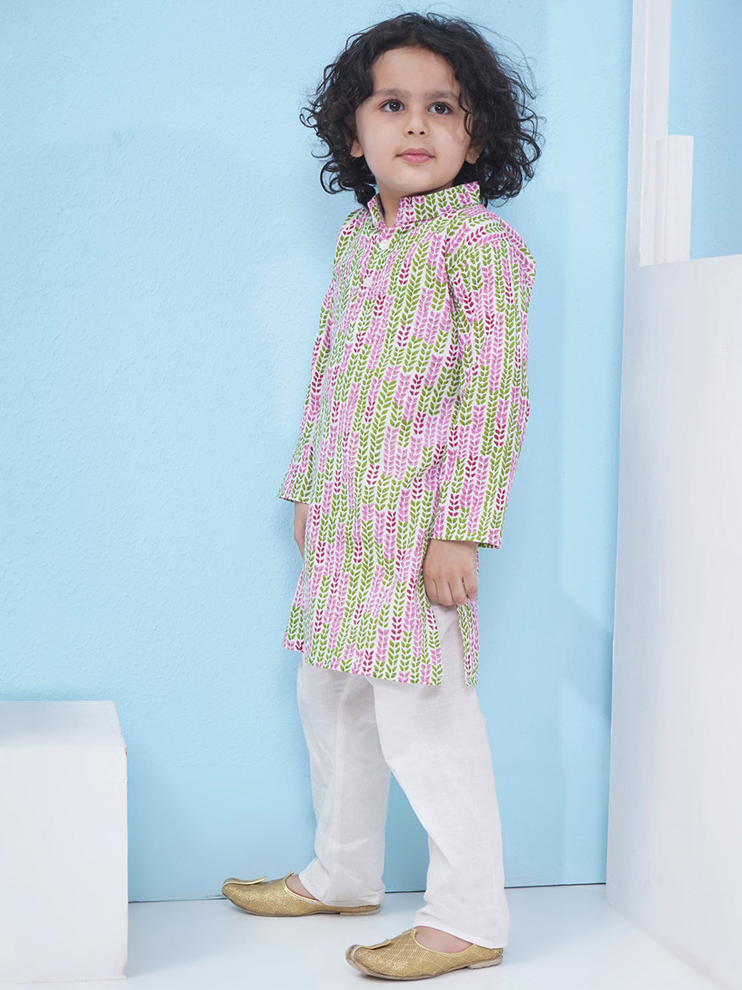 Boys Floral Printed Cotton Kurta with Pajama - Green & Pink