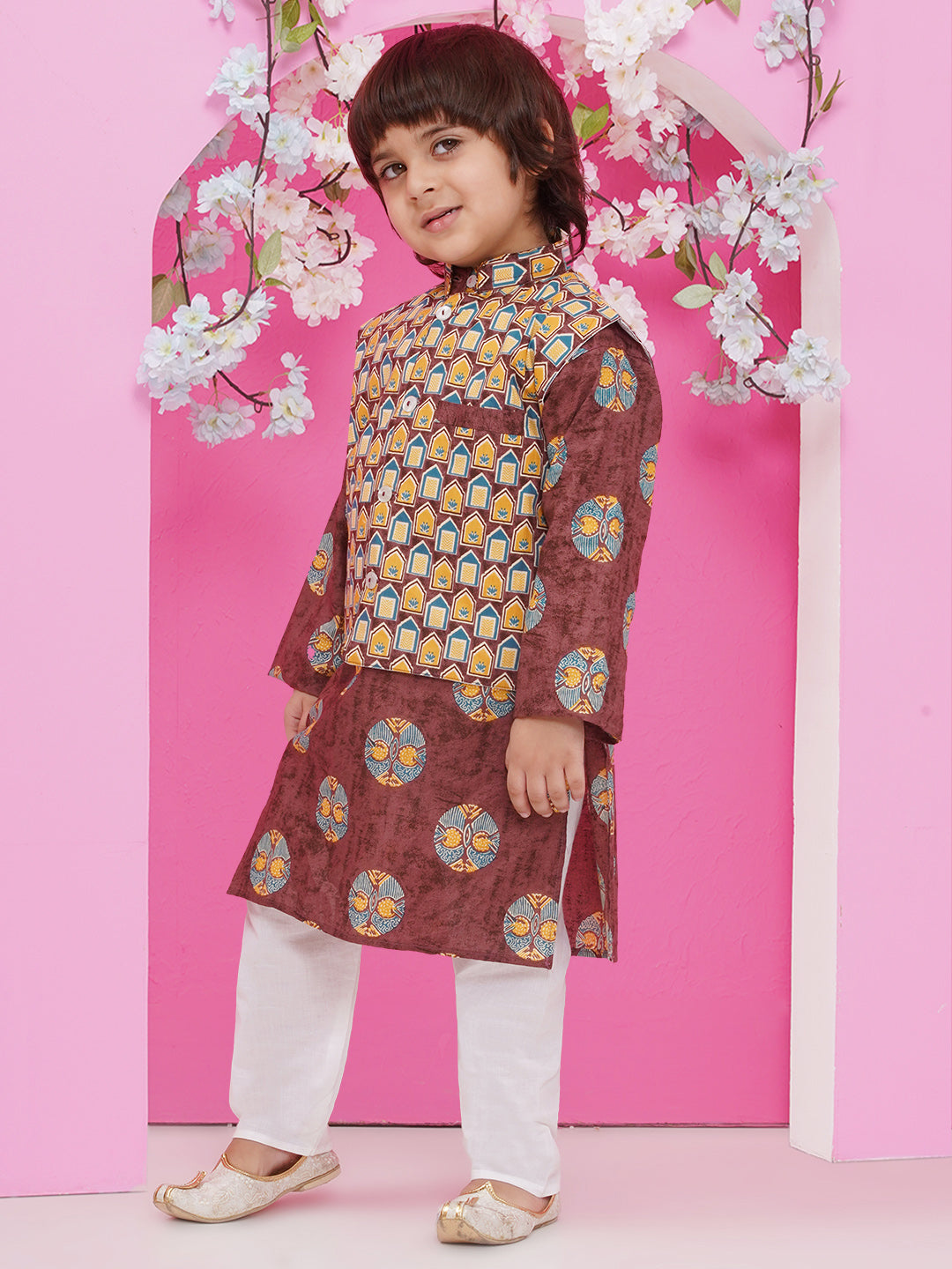 Boys Ajrakh Bundi Cotton Kurta Pajama with Jacket - Brown