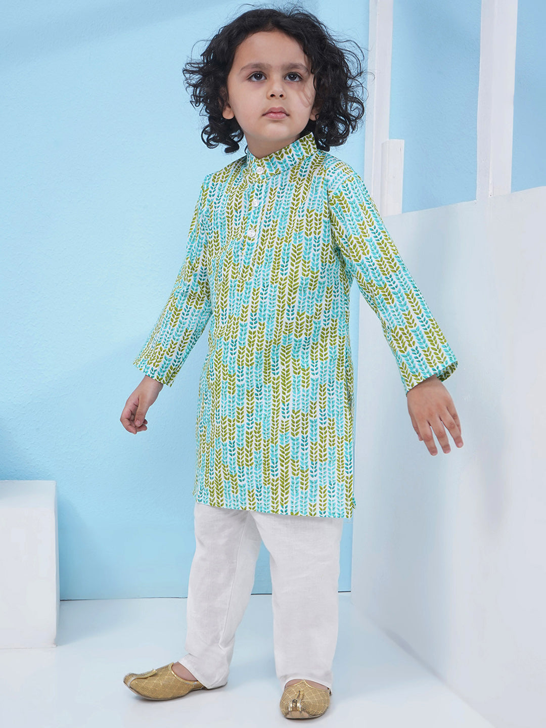 Boys Floral Printed Cotton Kurta with Pajama - Green & Aqua Blue