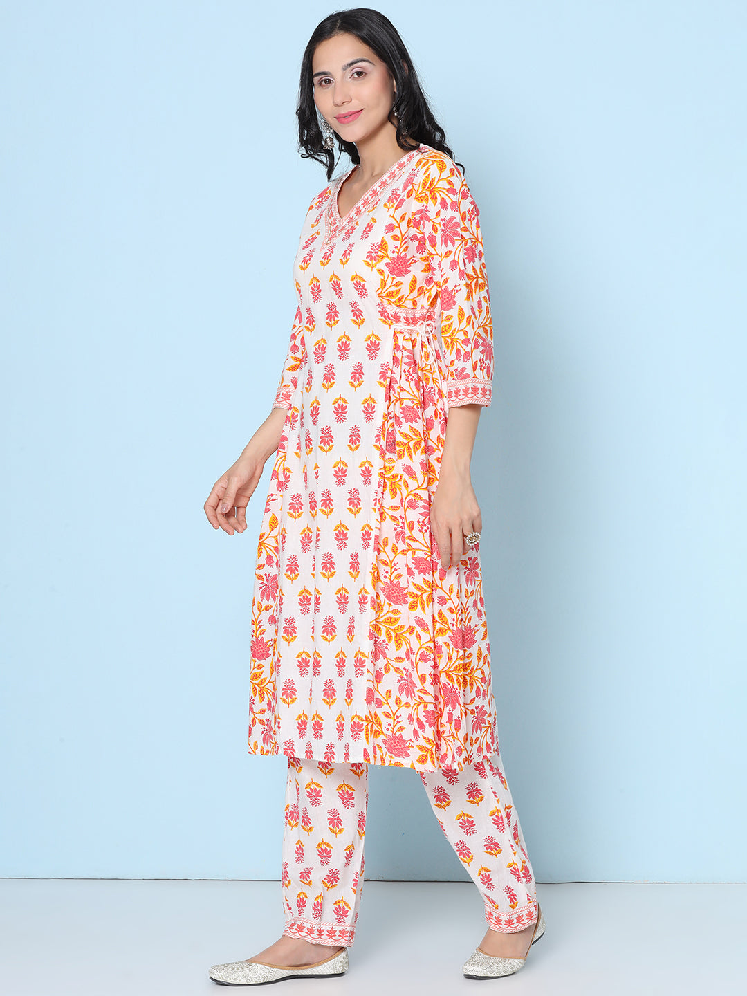 Printed Motif Kurti with Afghani Pant & Dupatta - Orange