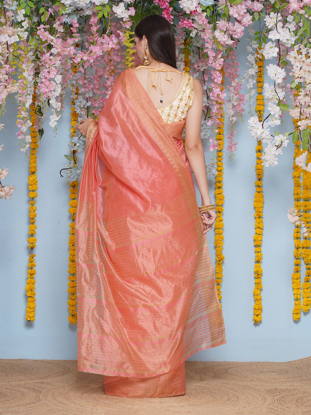 Tussar Silk Saree with Golden Zari Work - Peach