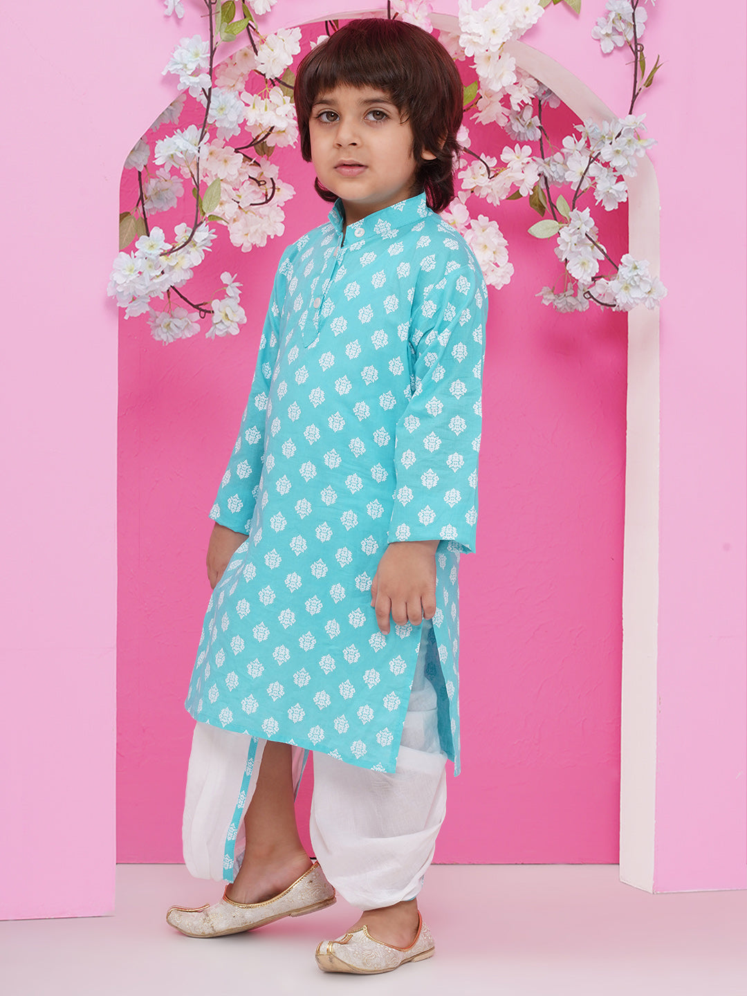 Boys Boti Printed Cotton Kurta with Dhoti - Light Blue