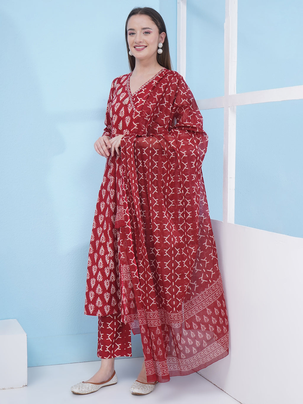 Angrakha Pattern Suit Set - Maroon