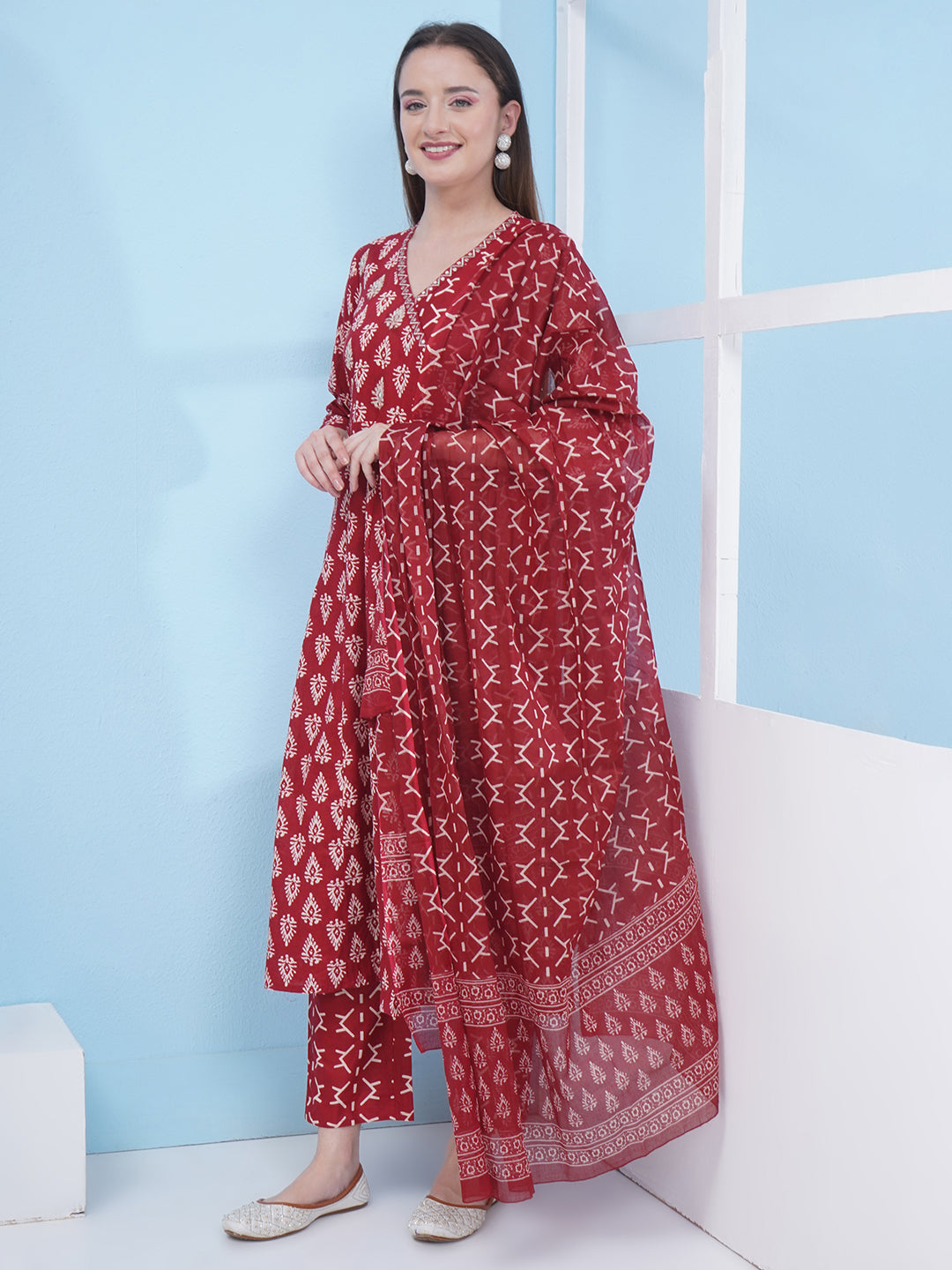 Angrakha Pattern Suit Set - Maroon
