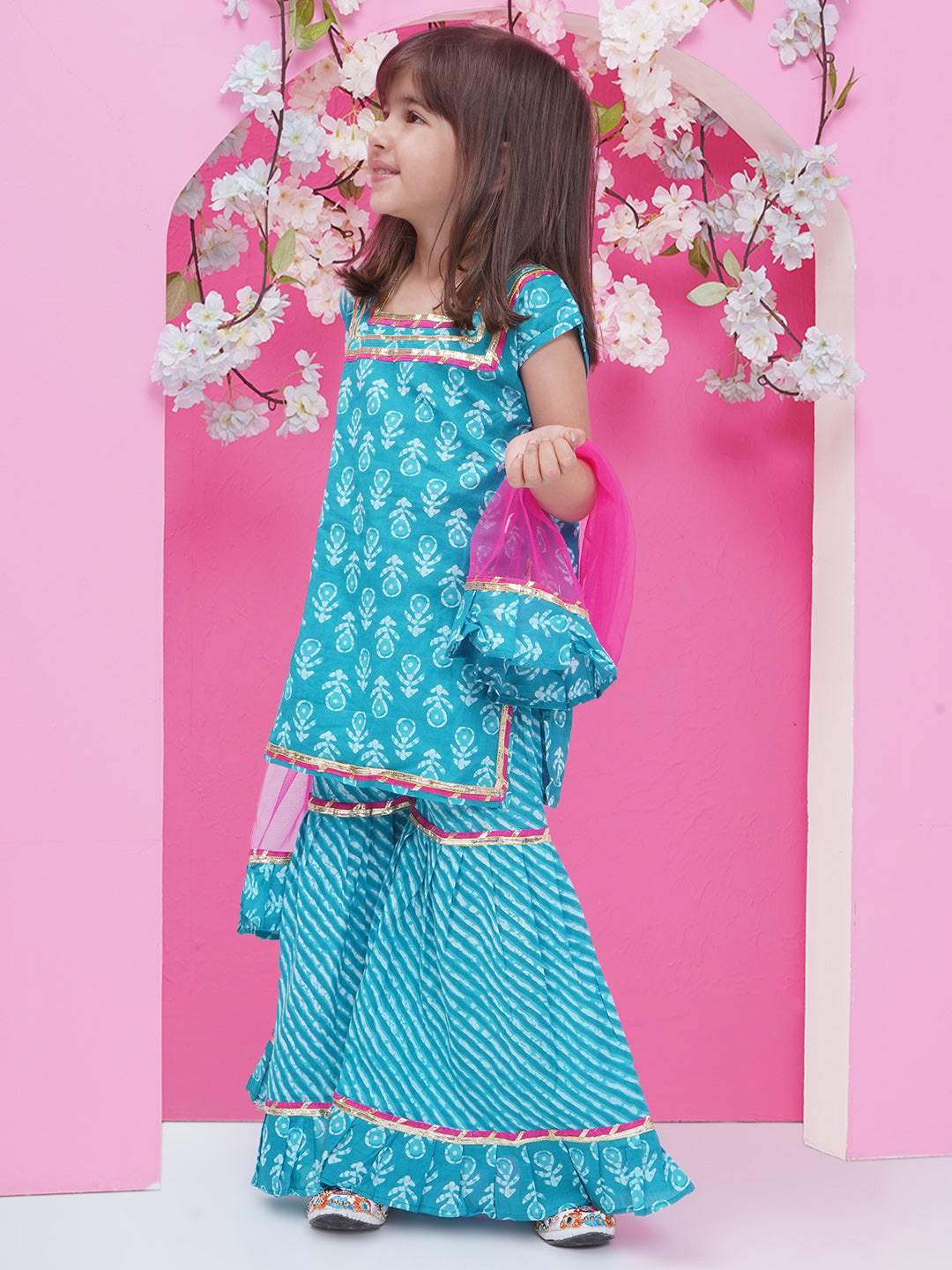 Girls Ethnic Printed Pure Cotton Kurti With Sharara & With Dupatta - Blue