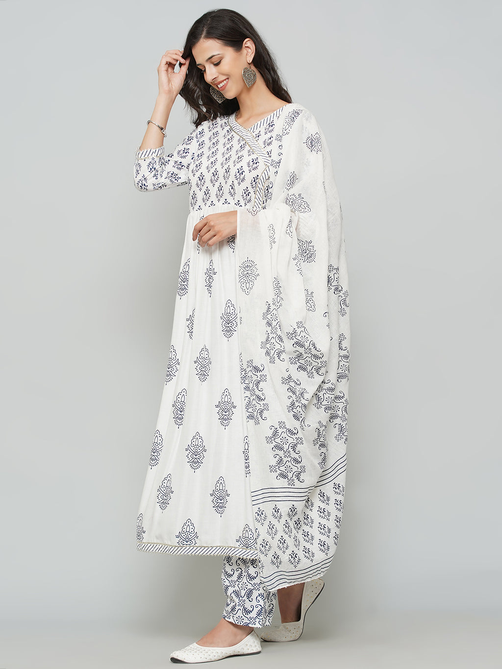 Angrakha Design Printed Suit Set - White & Navy Blue