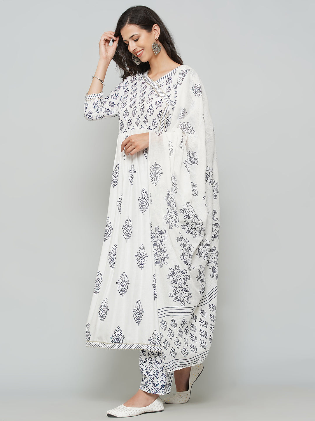 Angrakha Design Printed Suit Set - White & Navy Blue