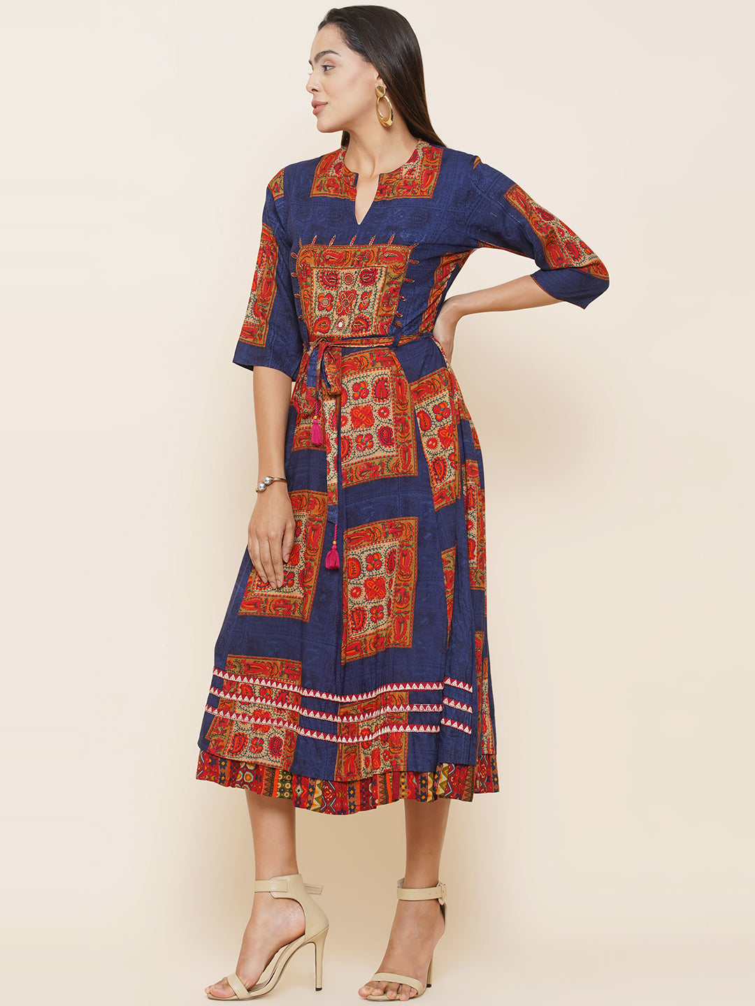 Motifs Printed Dress - Blue & Orange