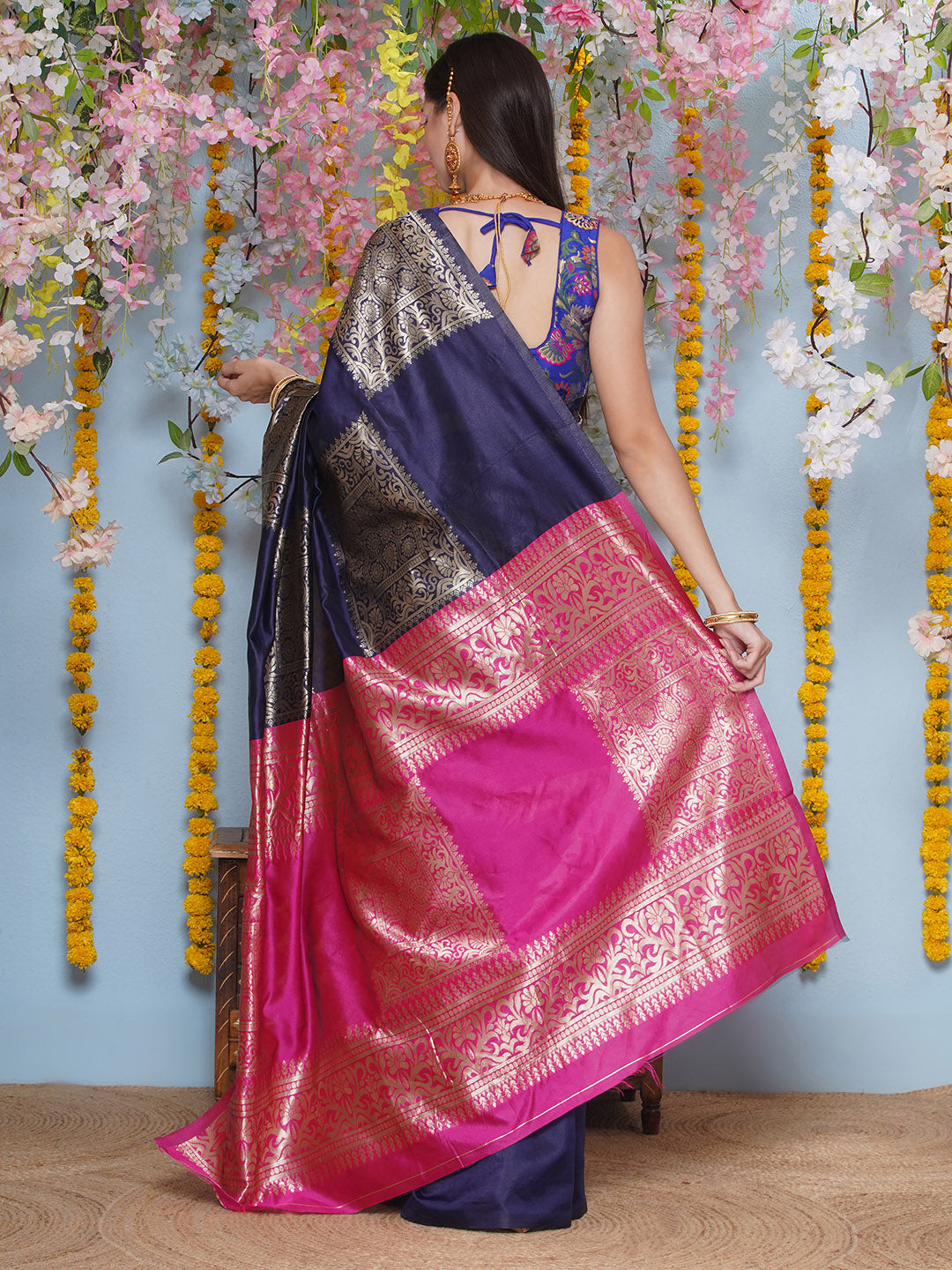 Silk Jacquard Zari Kanjeevaram Saree - Dark Blue & Magenta Pink