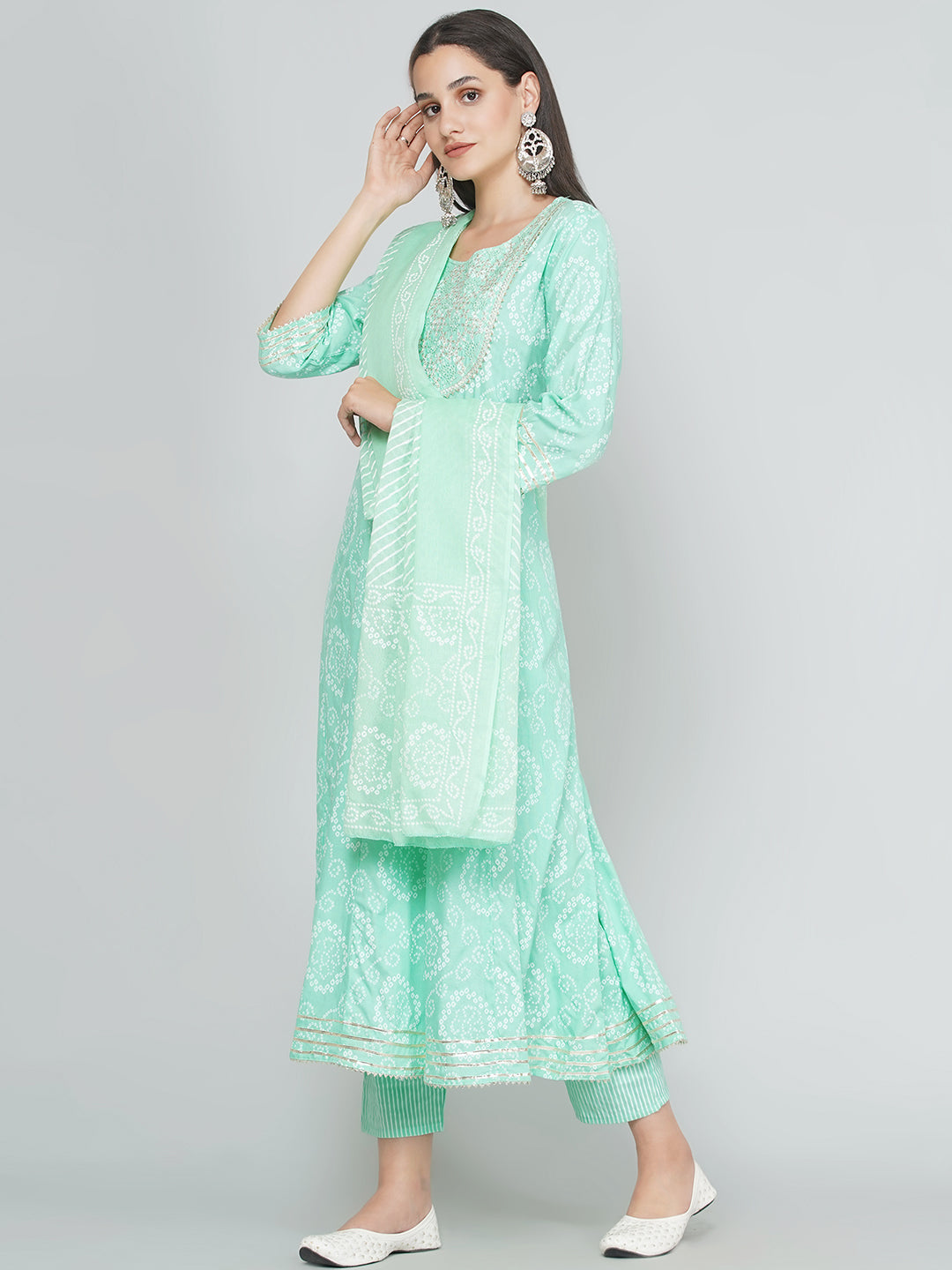Gota Patti Bandhani Print Suit Set - Aqua Green