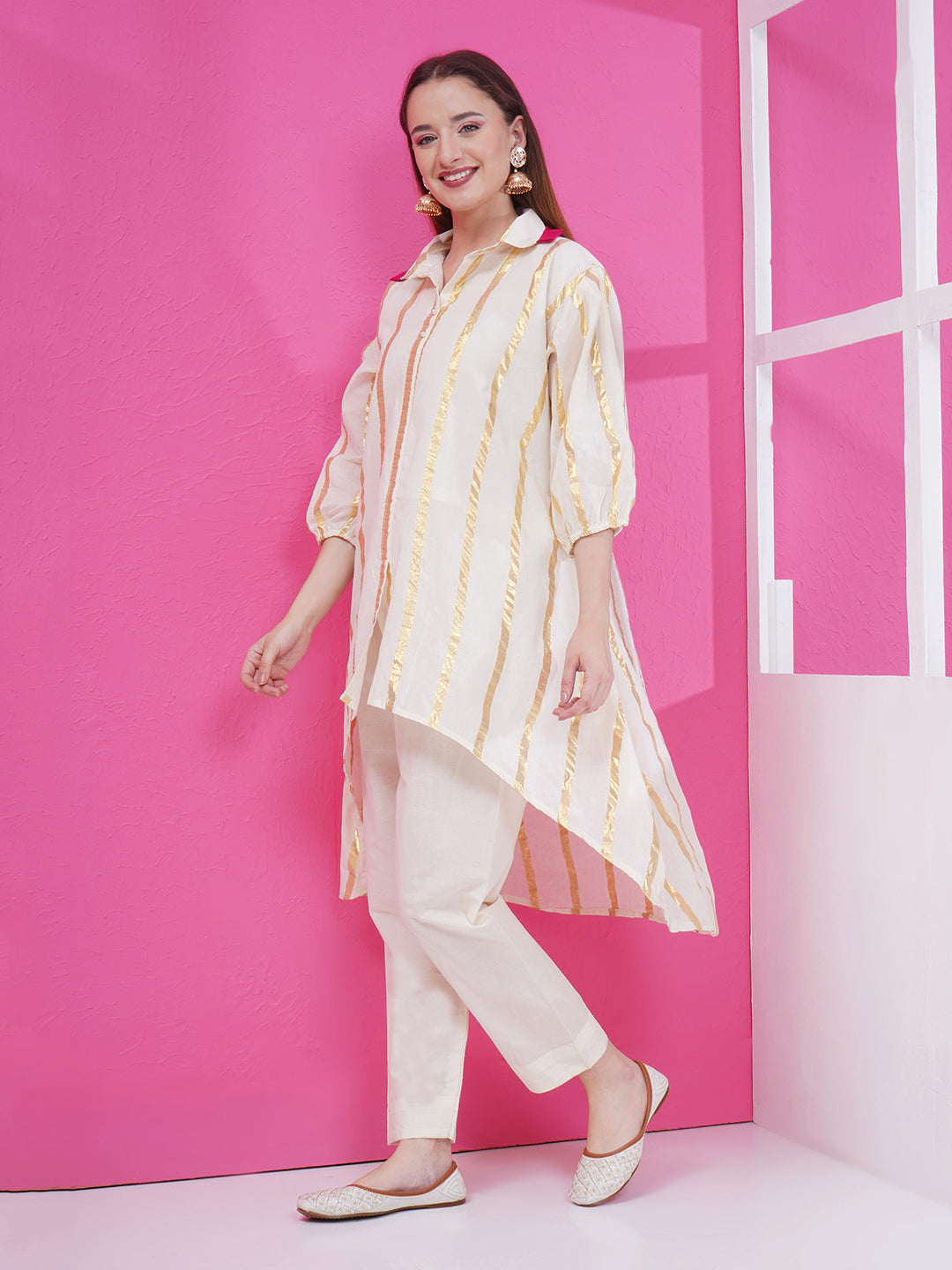 Asymmetrical Golden Stripes Kurti & Pant Set - Cream