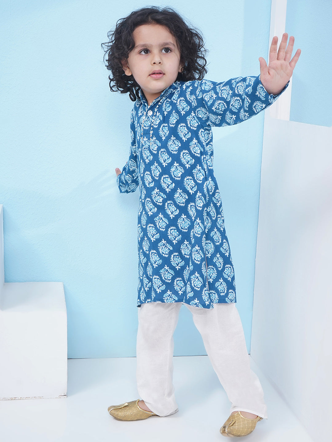 Boys Block Printed Cotton Kurta with Pajama - Blue