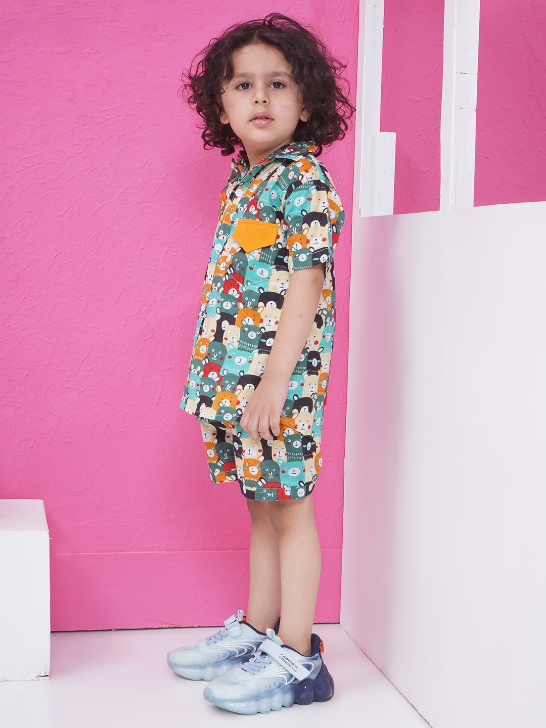 Boys Printed Short Set - Cyan & Orange