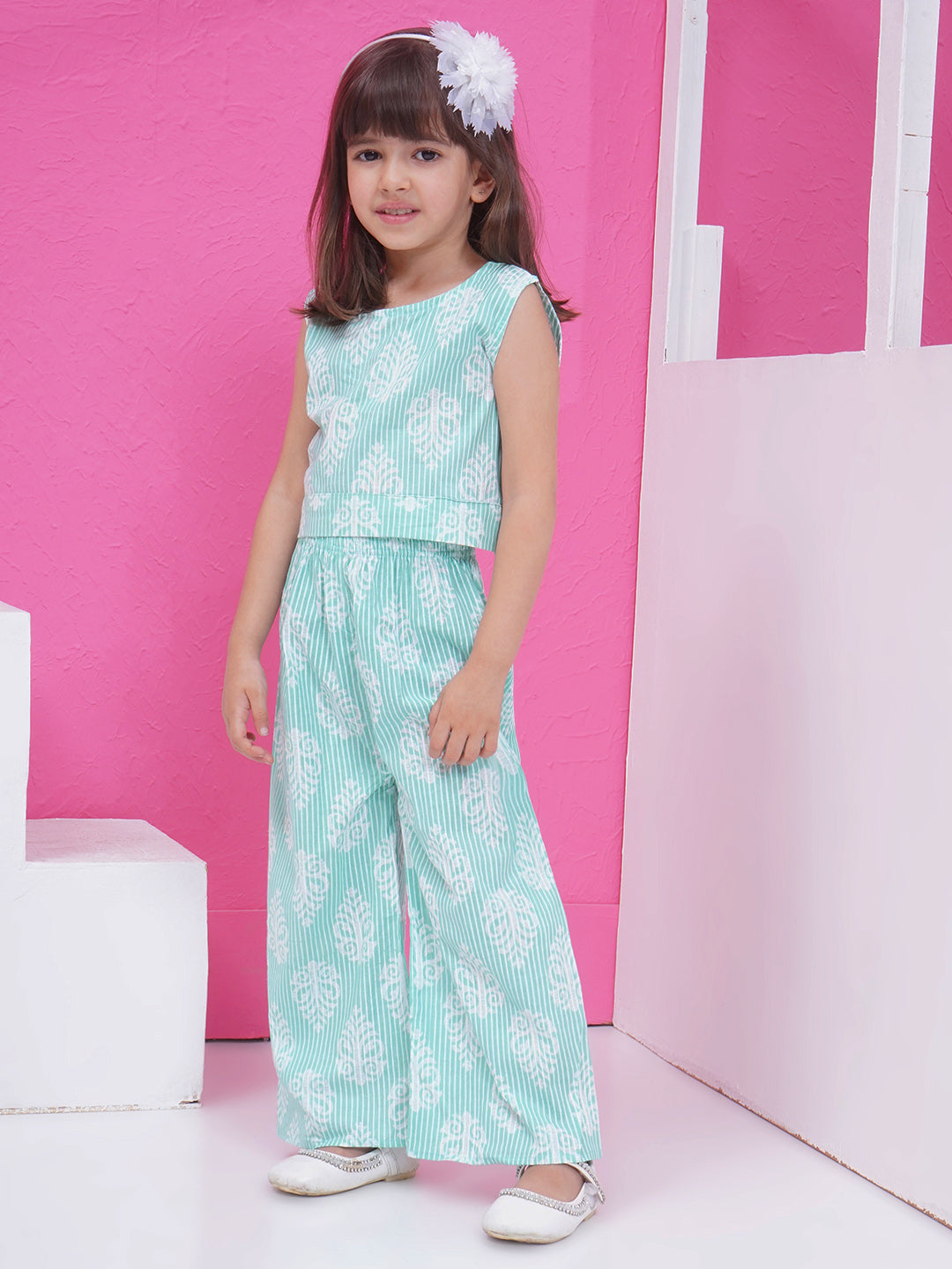 Girls Block Print Co-Ord Set - Mint Green