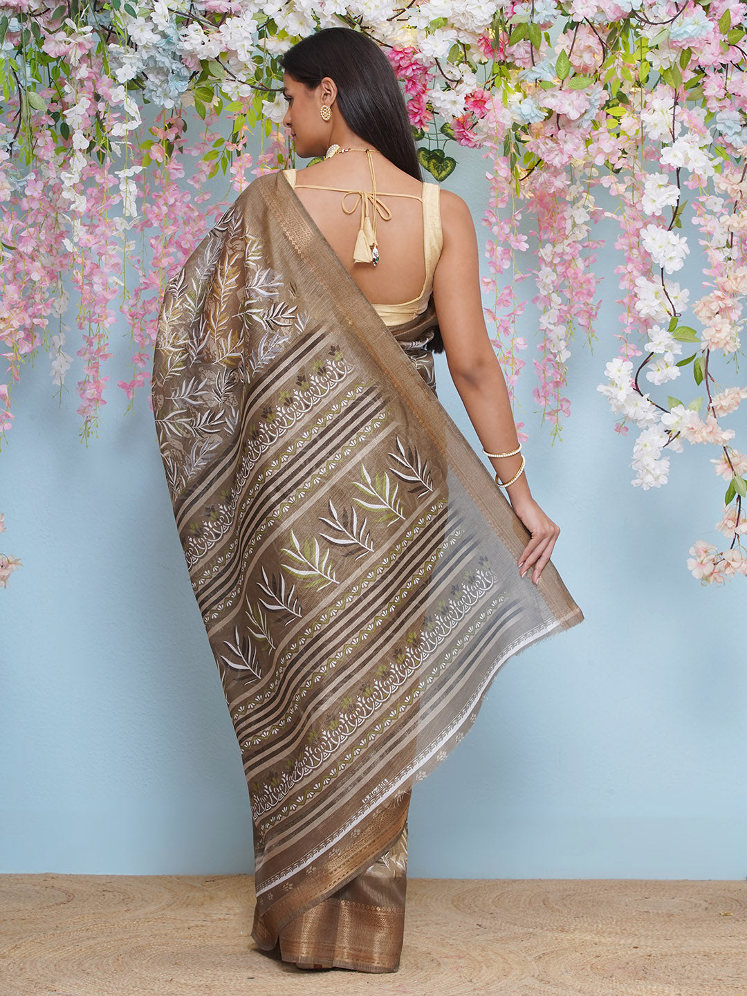 Cotton Silk Batik Print Saree - Brown