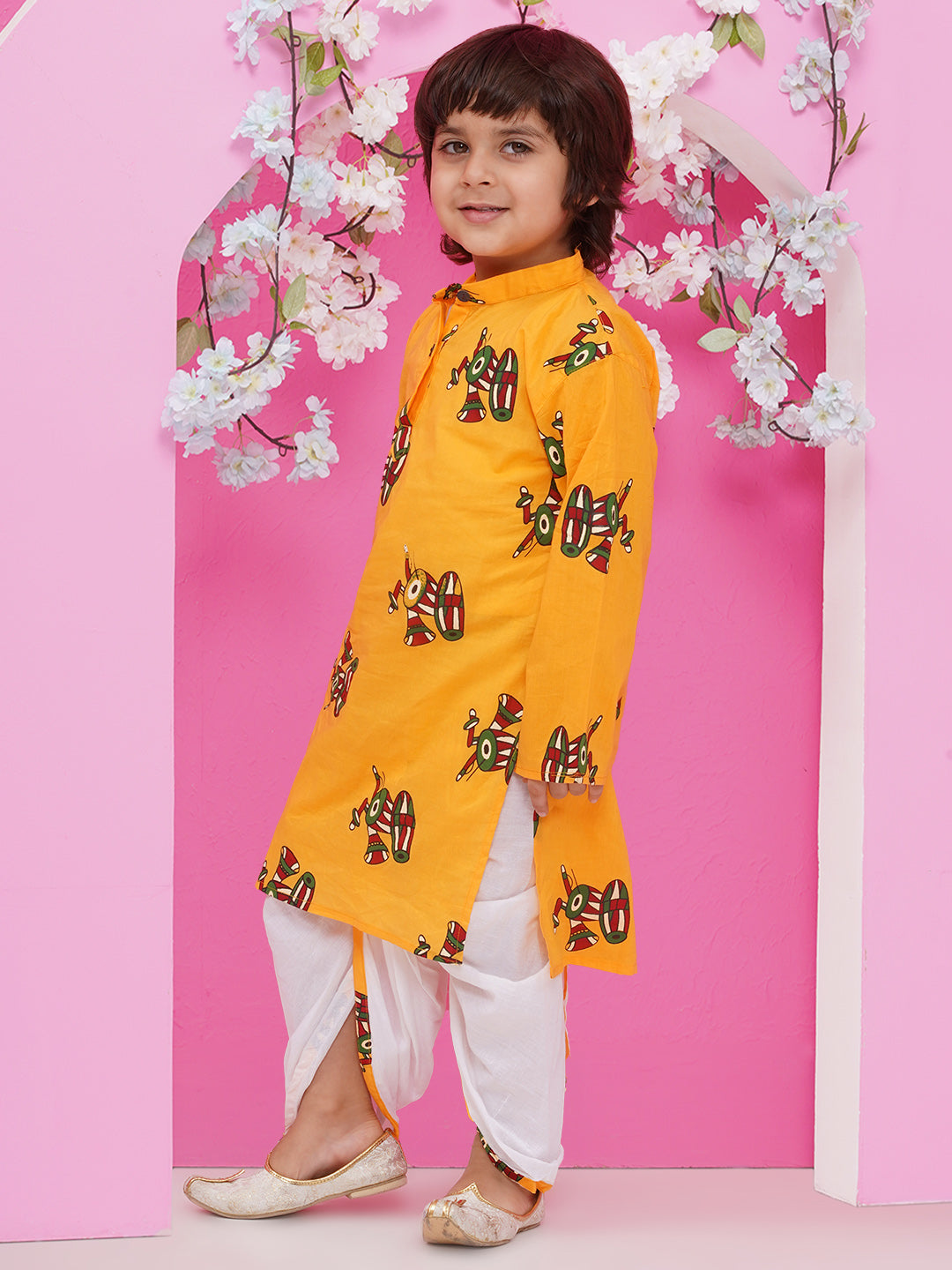 Boys Motifs Print Cotton Kurta with Dhoti - Yellow