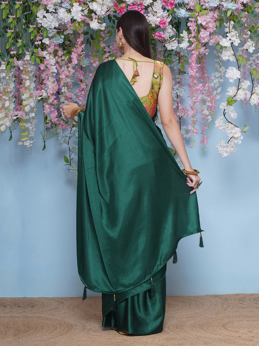Satin Saree - Peacock Green