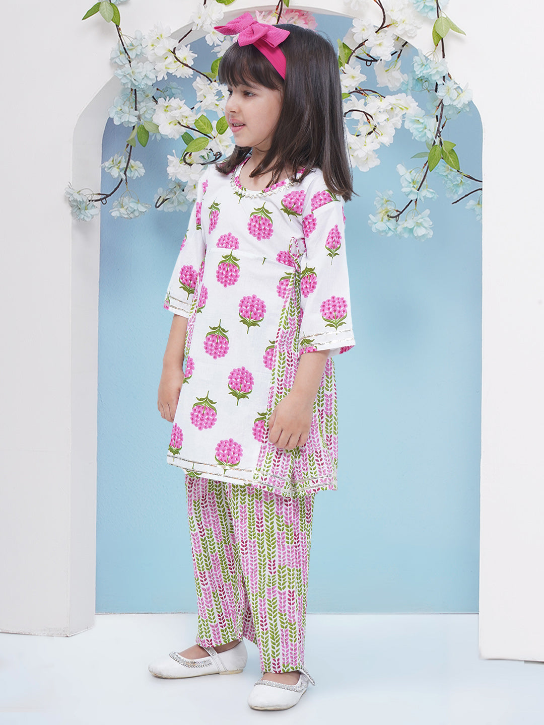 Girls Floral Printed Cotton A-line Kurta With Palazzo - Pink