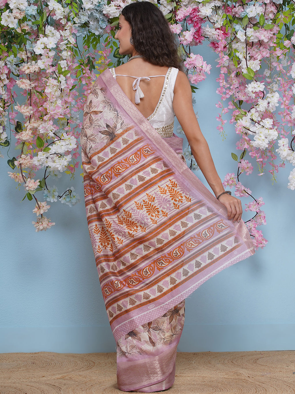 Cotton Silk Jacobean Pattern Saree - Baby Pink