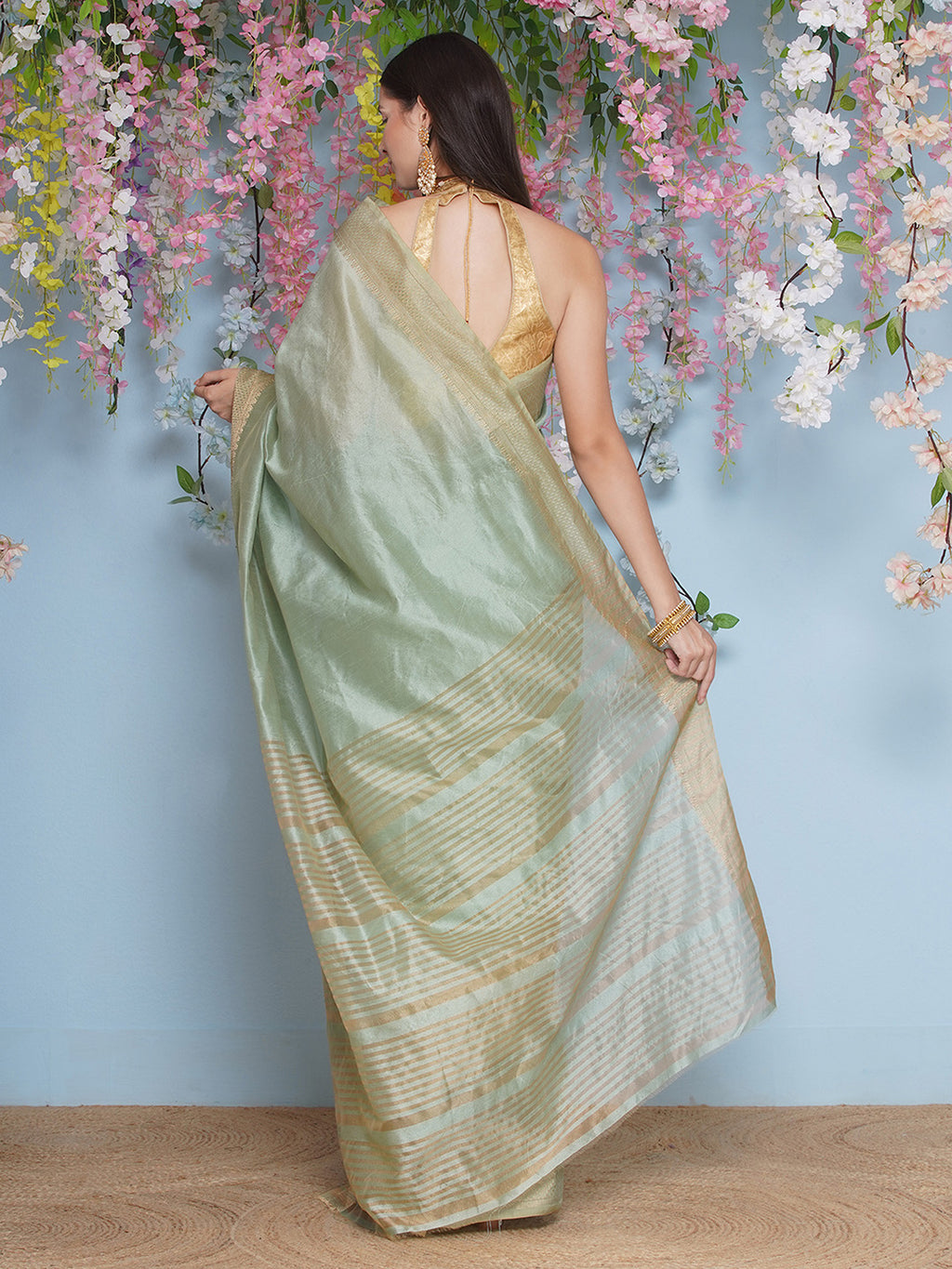Tussar Silk Saree with Golden Zari Work - Mint Green