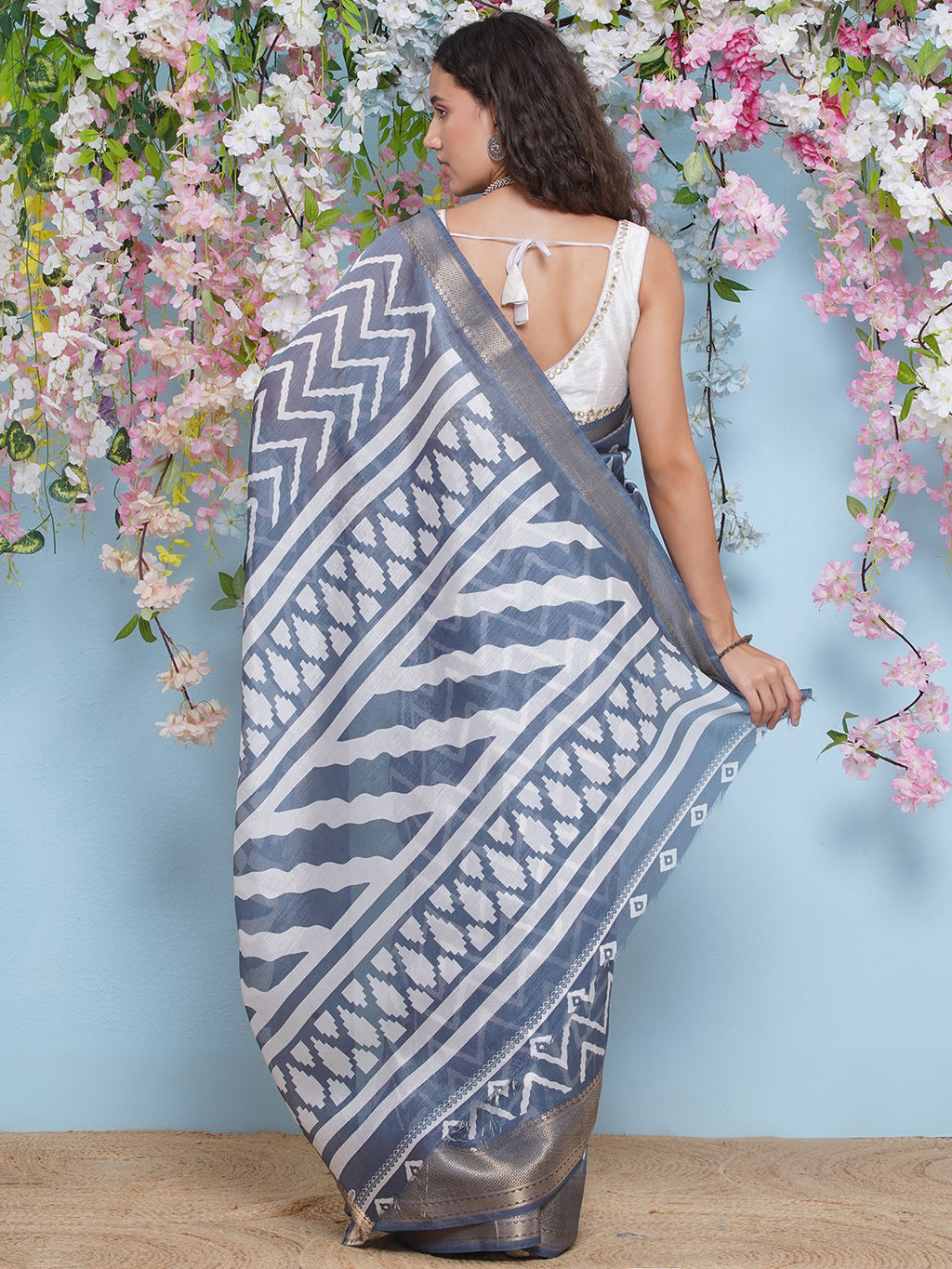Cotton Silk Chevron Pattern Saree - Pastel Blue