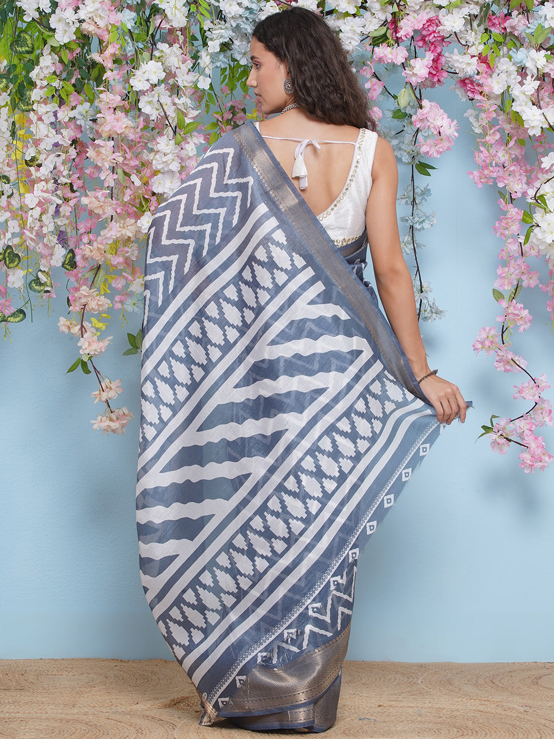 Cotton Silk Chevron Pattern Saree - Pastel Blue