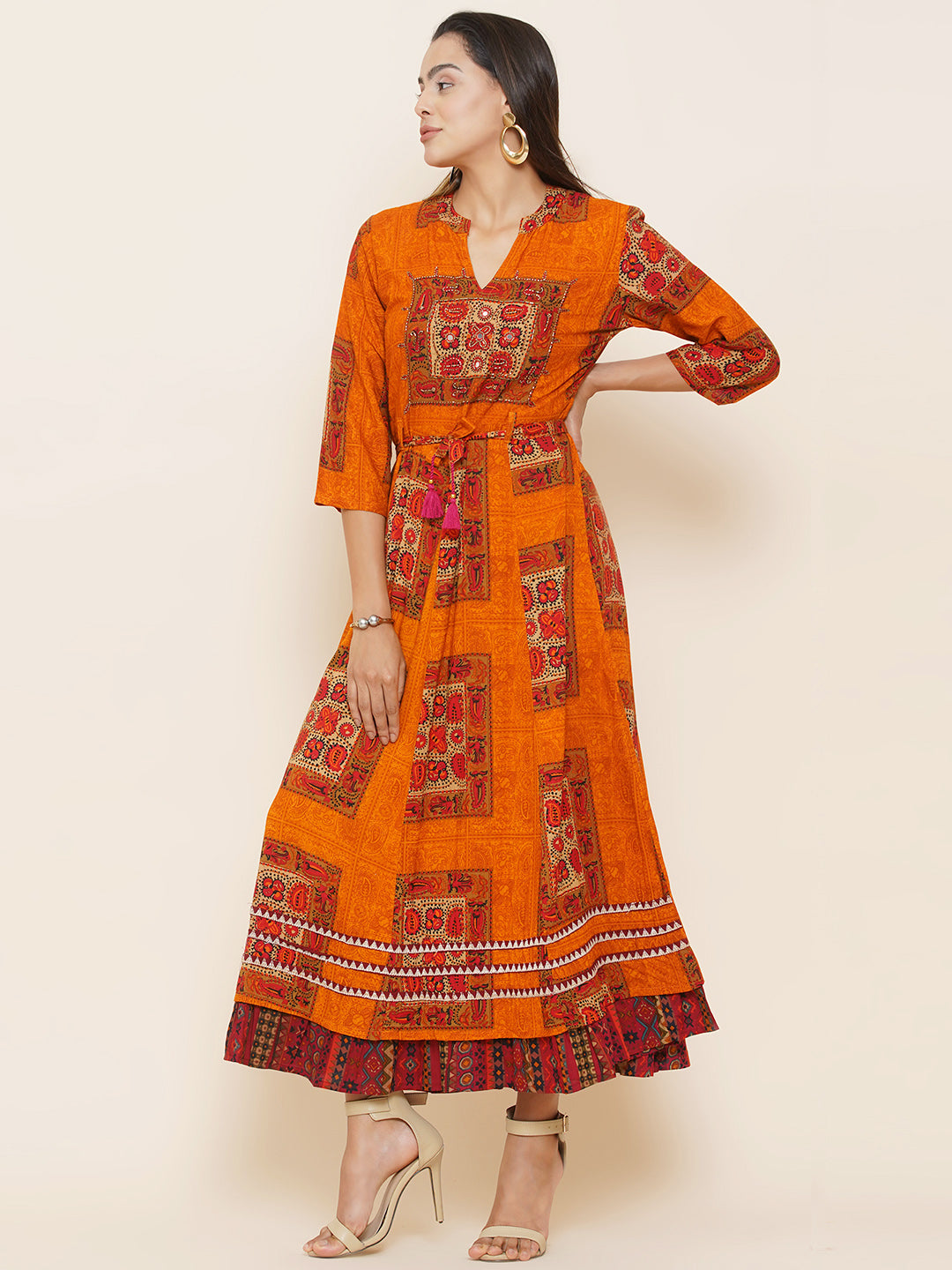 Motifs Printed Dress - Orange